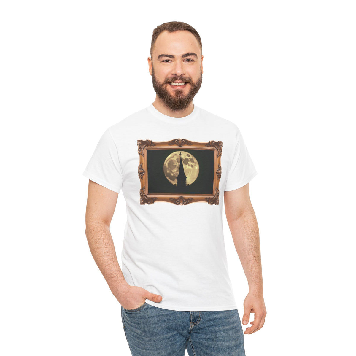 Moonlit Church Steeple - Framed - T-Shirt | Religious Inspirational Tee | Beauty of the Night Sky