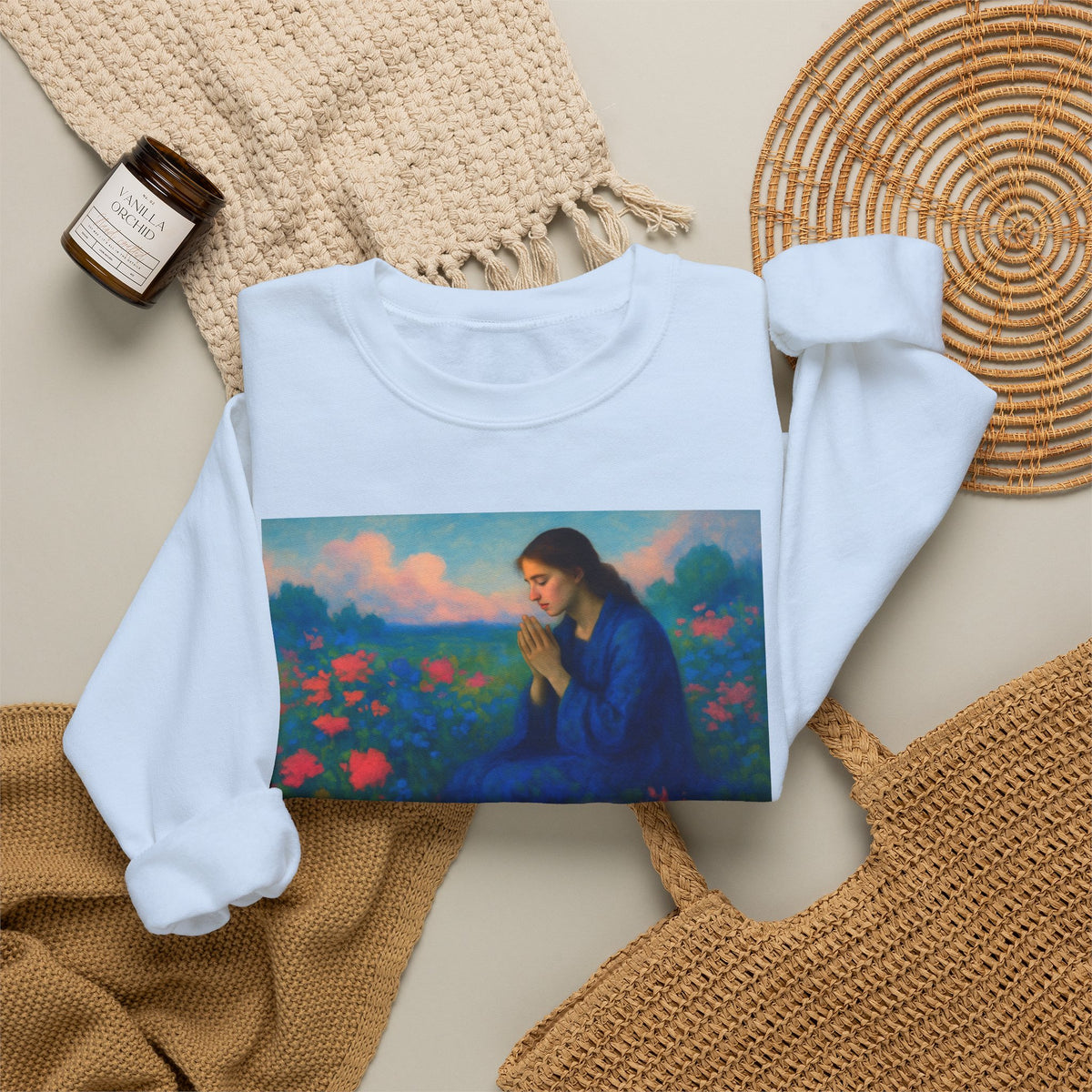 Praying Woman in Wildflowers | Crewneck Sweatshirt | Christian Art | Faith-Inspired
