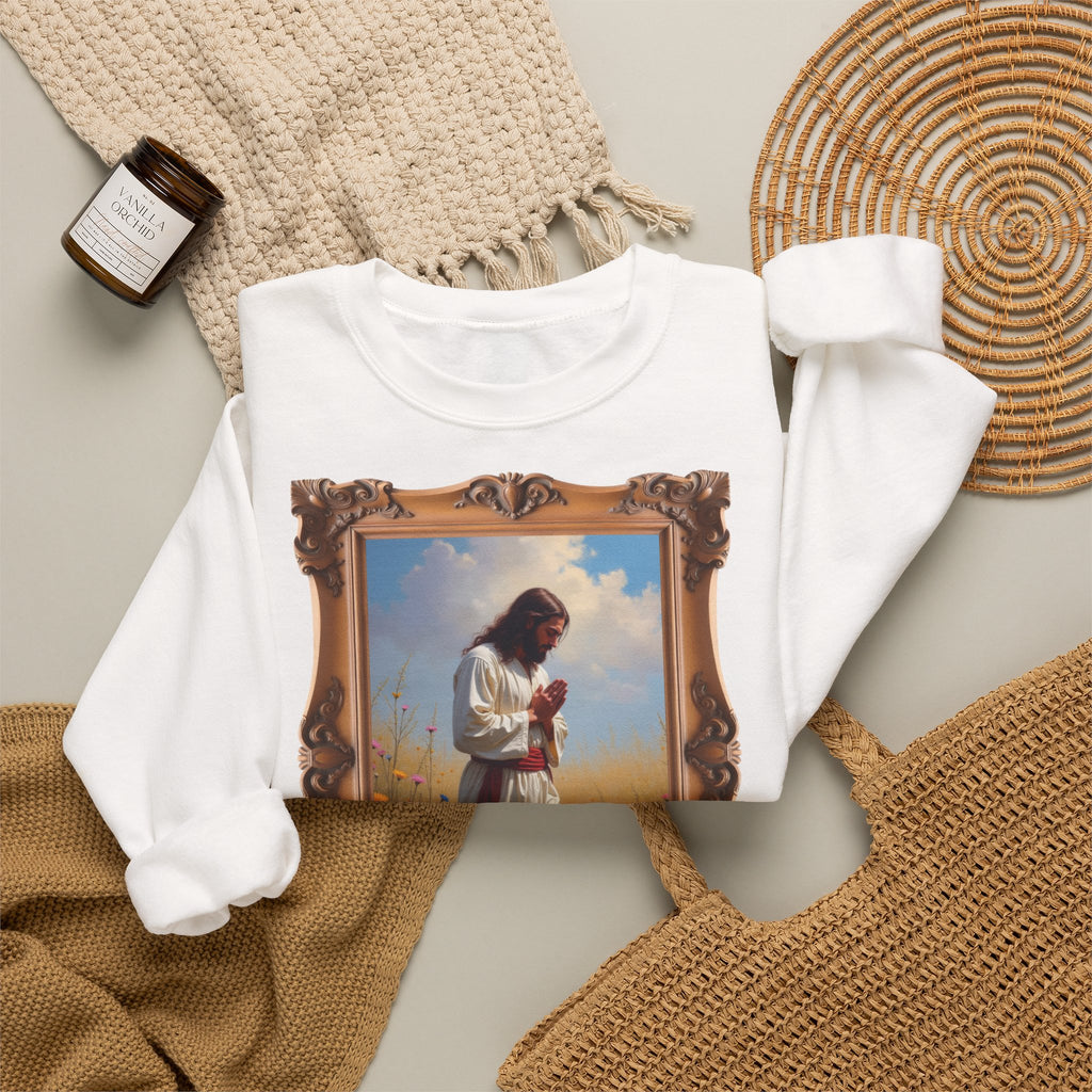 Jesus Praying in Meadow - Framed - Crewneck Sweatshirt | Prayer Shirt