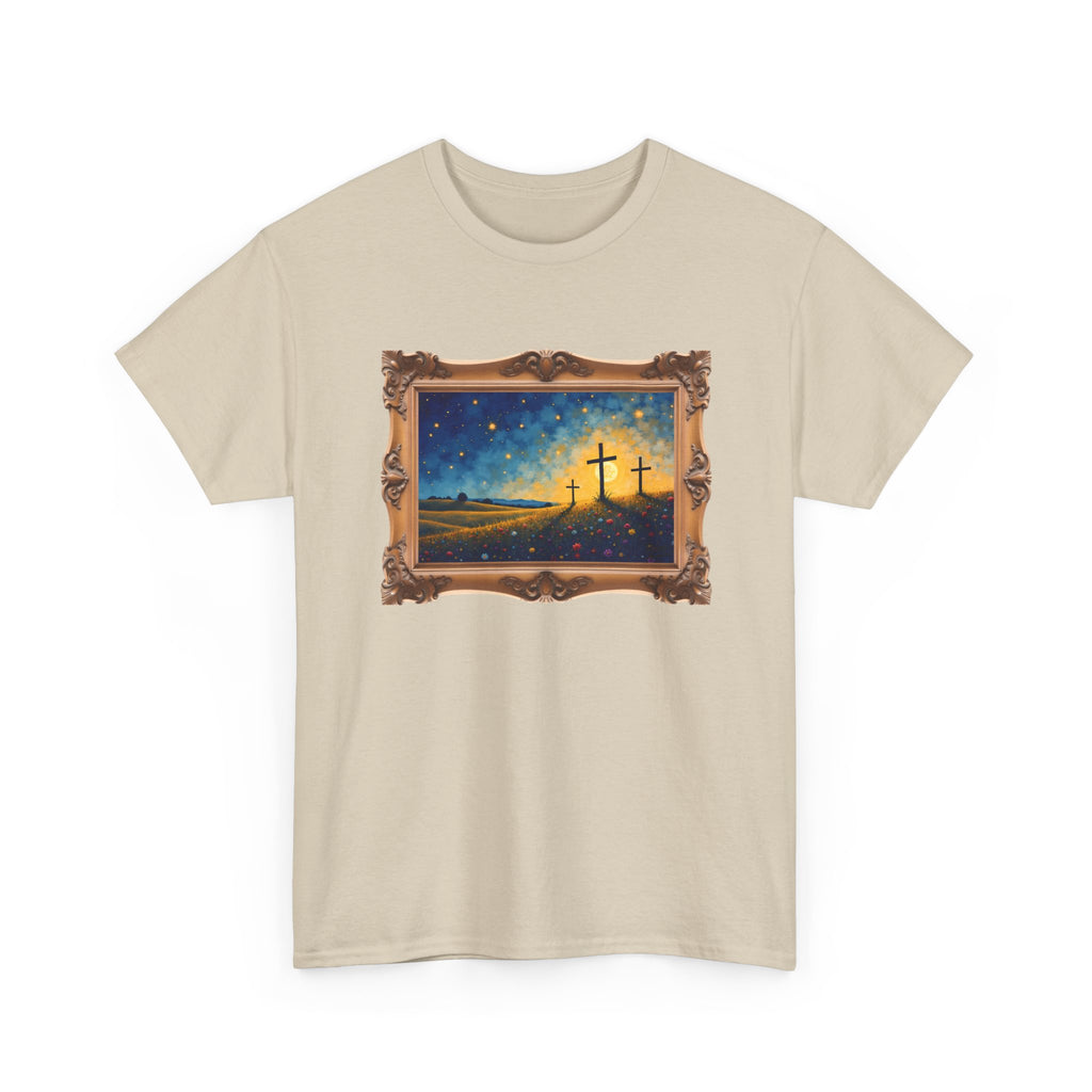 Three Crosses on Hill - Framed - T-Shirt | Religious Inspirational Tee, Jesus Faith Artwork