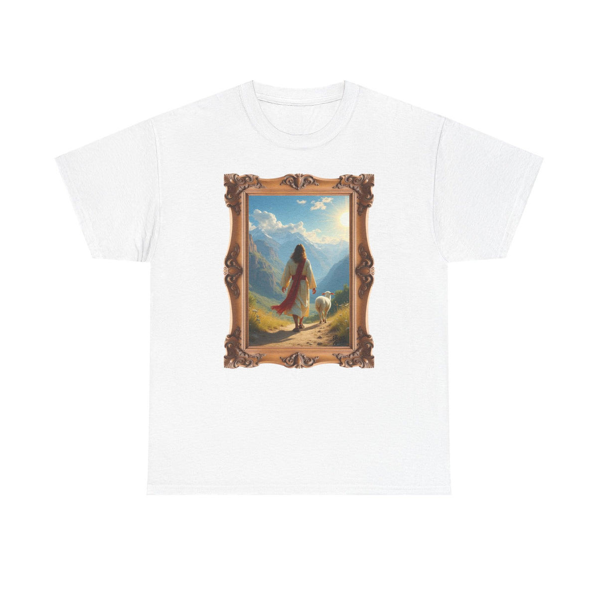 Jesus and the Lost Lamb - Framed - T-Shirt | Religious Inspirational Tee, Jesus in Bible Artwork