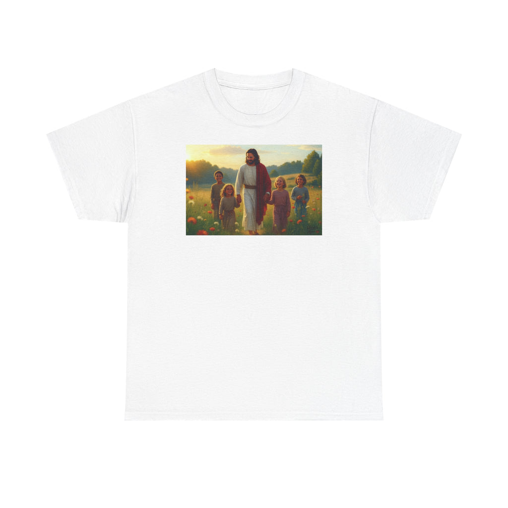 Jesus with Children in Wildflowers - T-Shirt | Religious Inspirational Tee, Prayer Artwork
