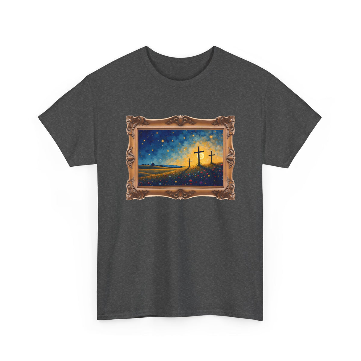 Three Crosses on Hill - Framed - T-Shirt | Religious Inspirational Tee, Jesus Faith Artwork