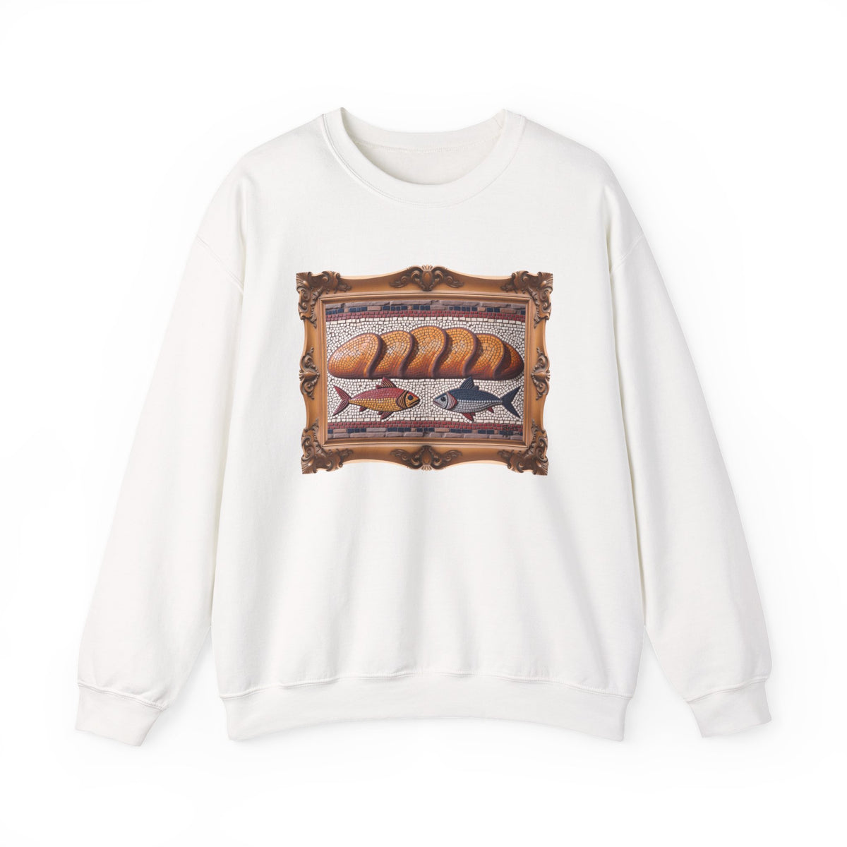 Five Loaves and Two Fish Mosaic - Framed - Crewneck Sweatshirt | Roman-Era-Inspired Christian Art