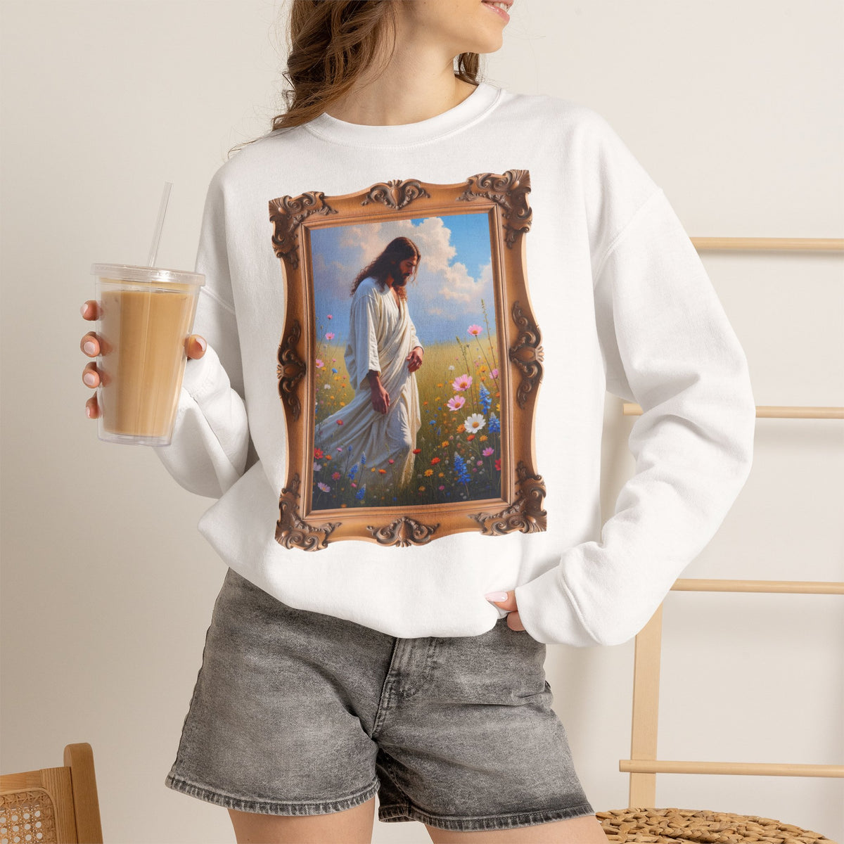 Jesus Among Wildflowers - Framed - Crewneck Sweatshirt | Christ Walking Prayerfully