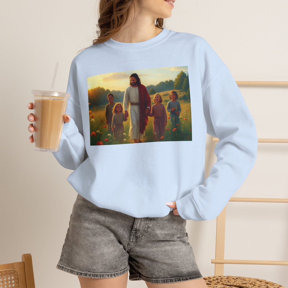 Jesus with Children in Wildflowers | Crewneck Sweatshirt | Christian Art | Faith-Inspired