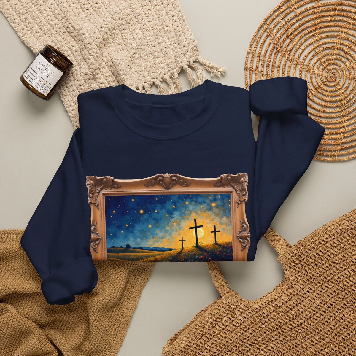 Three Crosses on Hill - Framed - Crewneck Sweatshirt | Bible Art