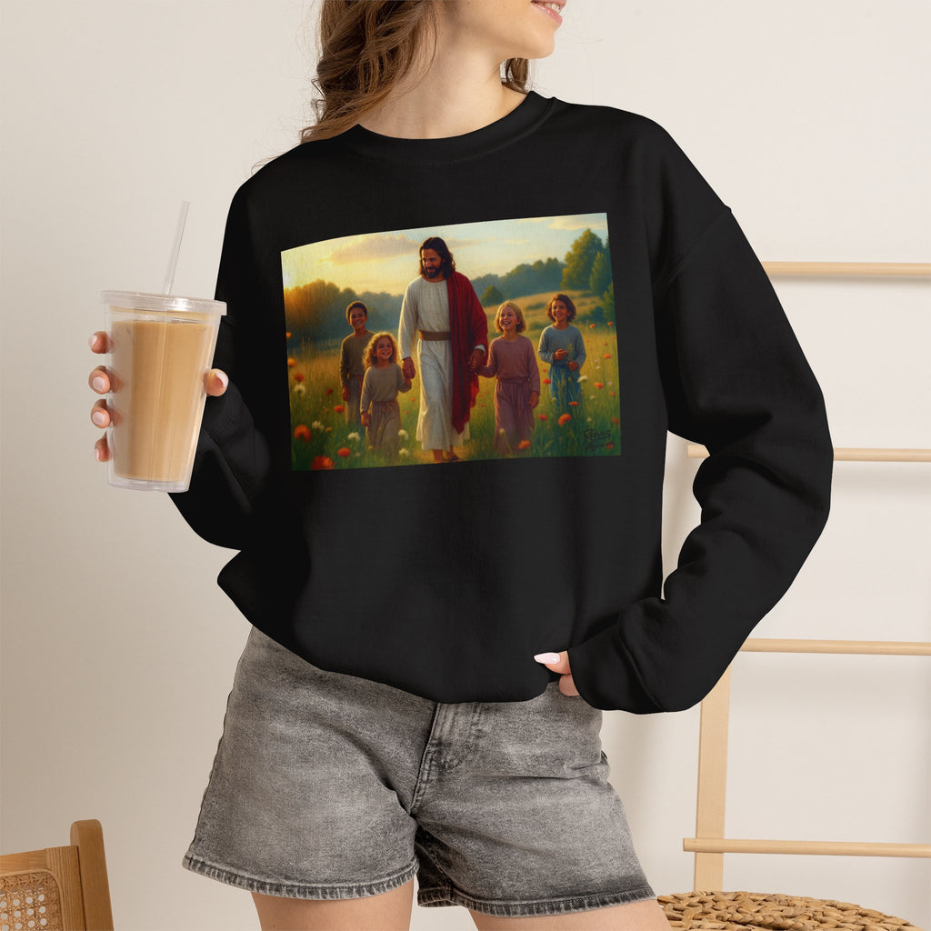 Jesus with Children in Wildflowers | Crewneck Sweatshirt | Christian Art | Faith-Inspired