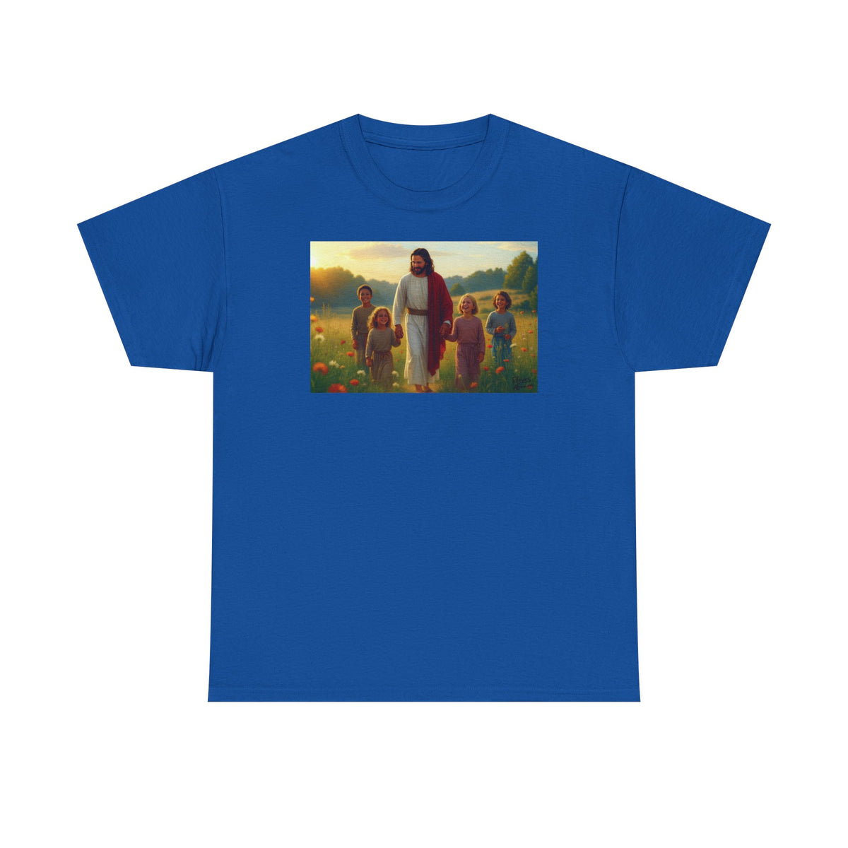 Jesus with Children in Wildflowers - T-Shirt | Religious Inspirational Tee, Prayer Artwork