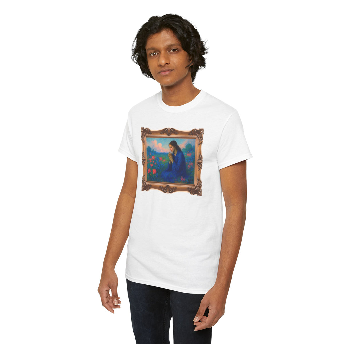 Praying Woman in Wildflowers - Framed - T-Shirt | Religious Inspirational Tee, Prayer Shirt