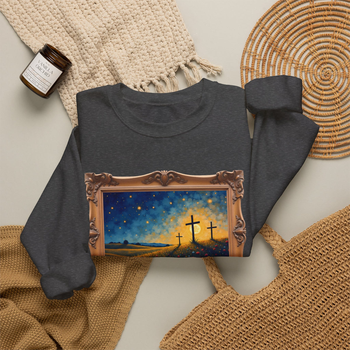 Three Crosses on Hill - Framed - Crewneck Sweatshirt | Bible Art