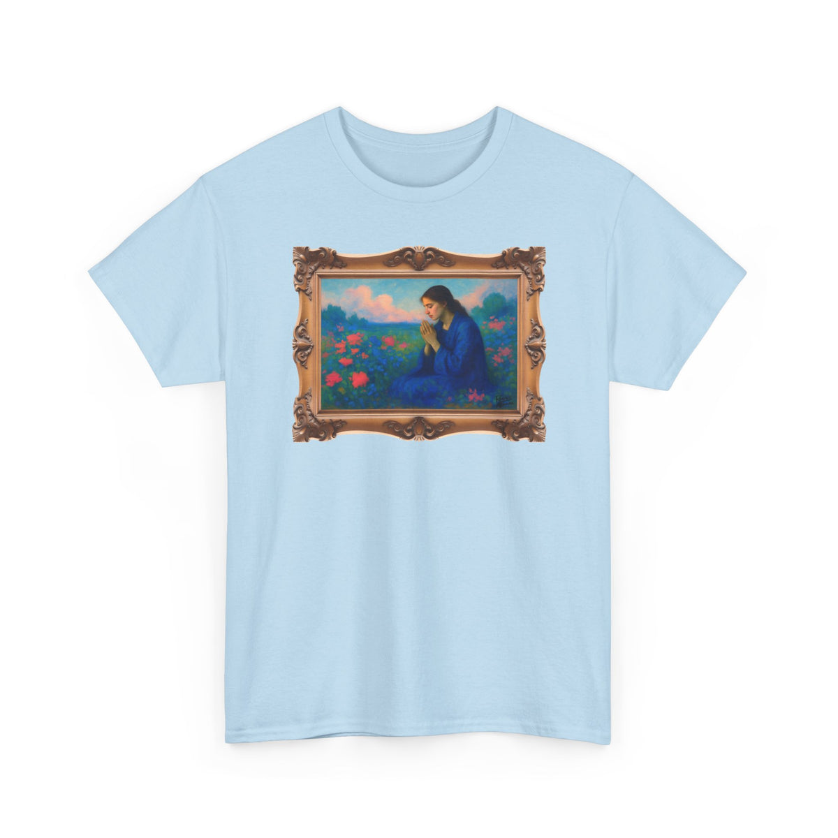 Praying Woman in Wildflowers - Framed - T-Shirt | Religious Inspirational Tee, Prayer Shirt