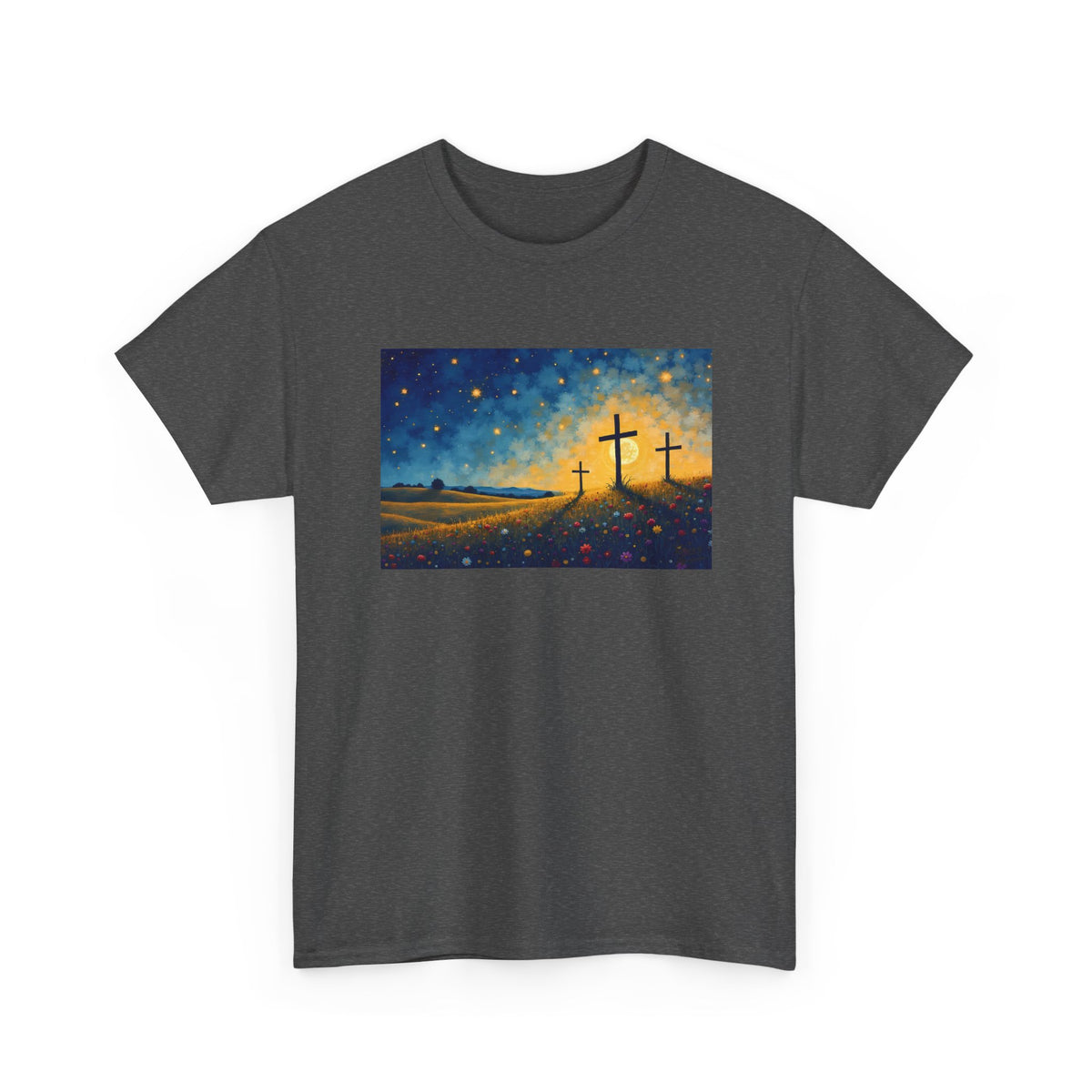 Three Crosses on Hill - T-Shirt | Religious Inspirational Tee, Jesus Faith Artwork
