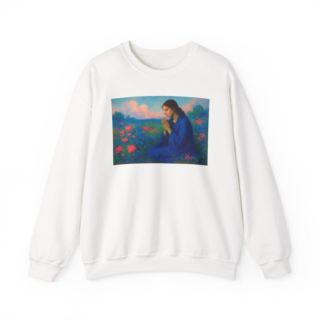 Praying Woman in Wildflowers | Crewneck Sweatshirt | Christian Art | Faith-Inspired