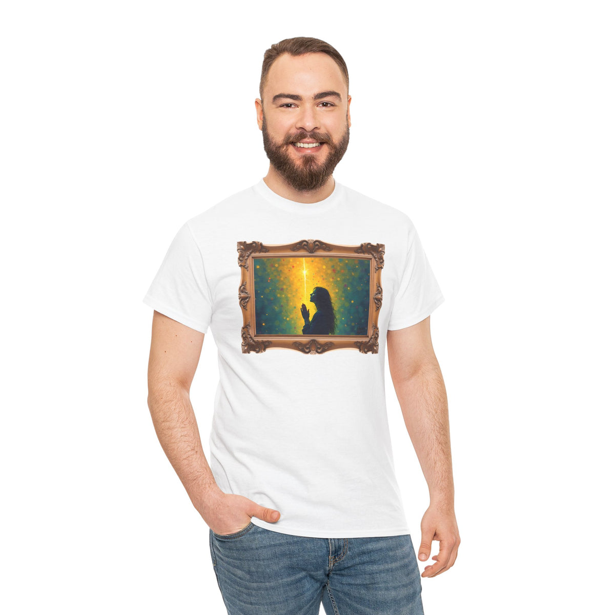 Woman in Prayer Under Magical Light - Framed - T-Shirt | Religious Inspirational Tee, Prayer Shirt