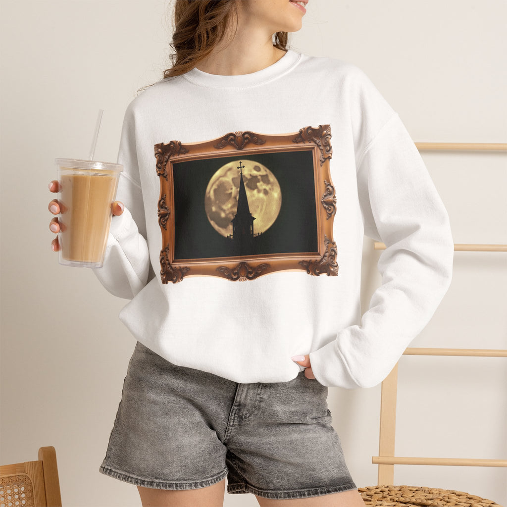 Moonlit Church Steeple - Framed - Crewneck Sweatshirt | Beauty of the Night Sky