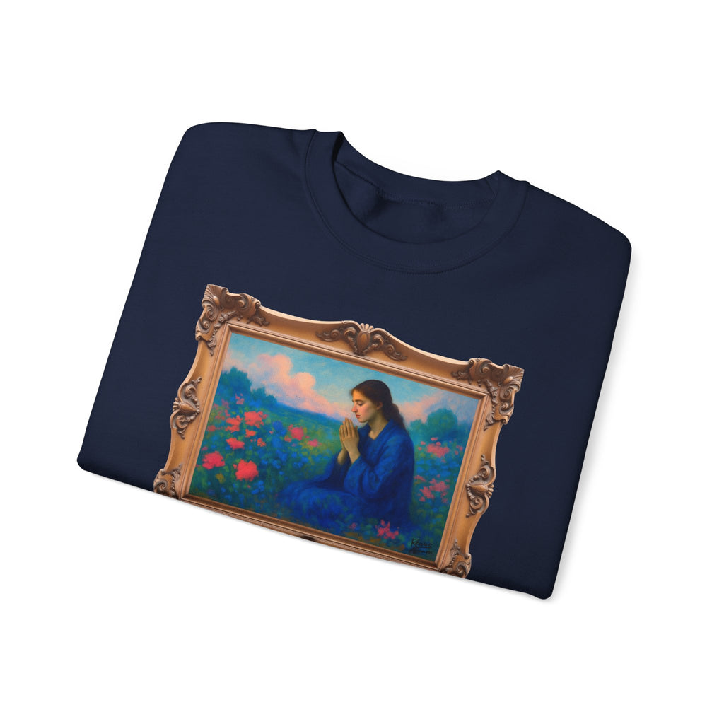 Praying Woman in Wildflowers - Framed | Crewneck Sweatshirt | Christian Art | Faith-Inspired
