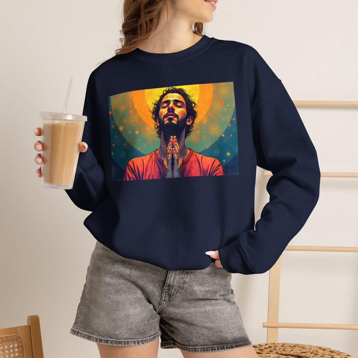 Praying Man - Serenity in Cosmic Light | Crewneck Sweatshirt | Christian Art | Faith-Inspired