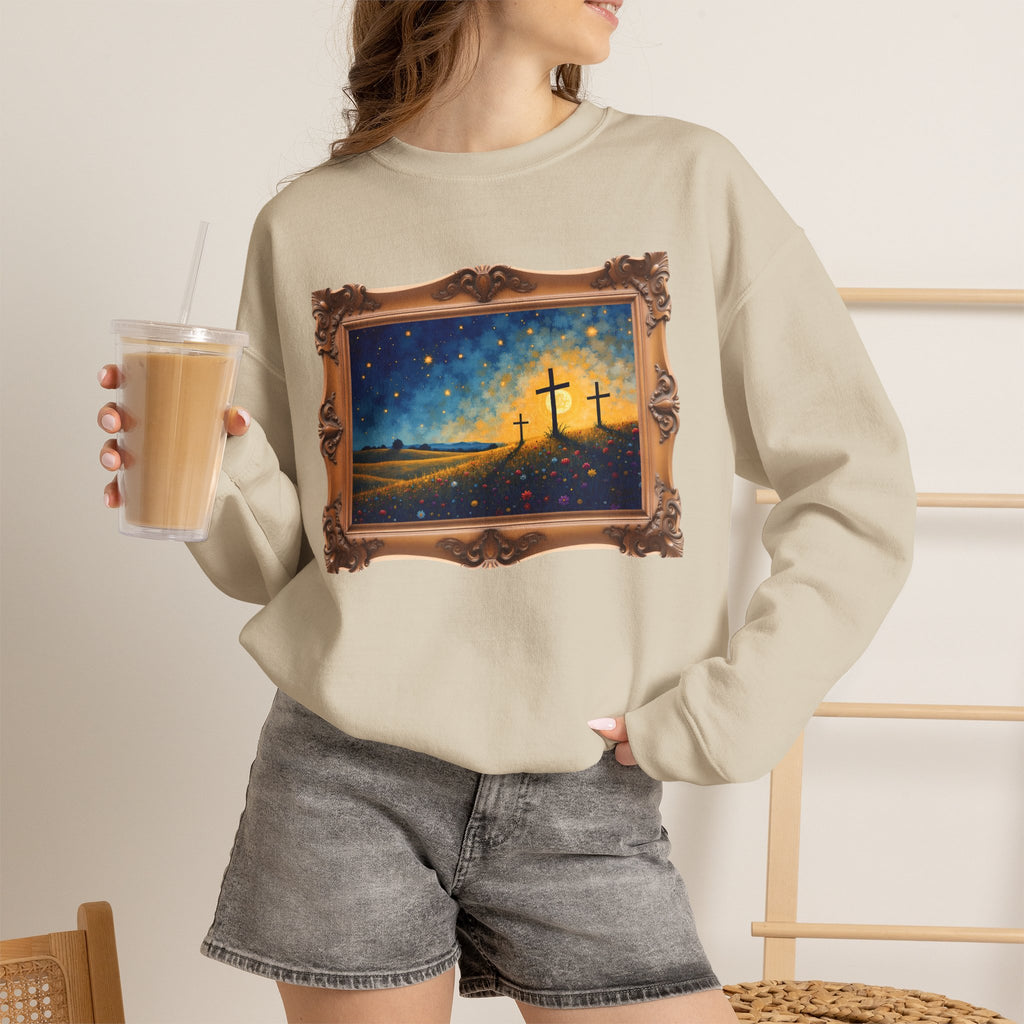 Three Crosses on Hill - Framed - Crewneck Sweatshirt | Bible Art