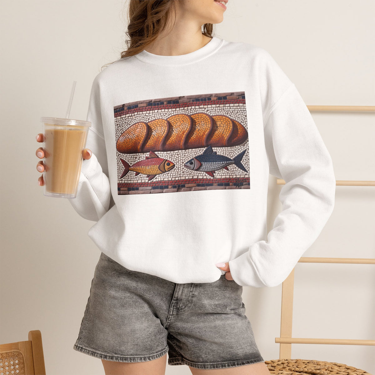 Five Loaves and Two Fish Mosaic - Crewneck Sweatshirt | Roman-Era-Inspired Christian Art