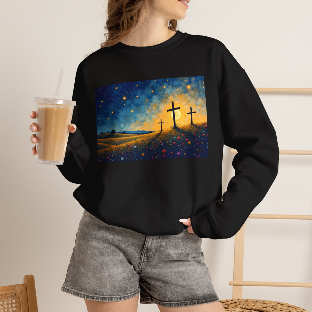 Three Crosses on Hill - Crewneck Sweatshirt | Bible Art
