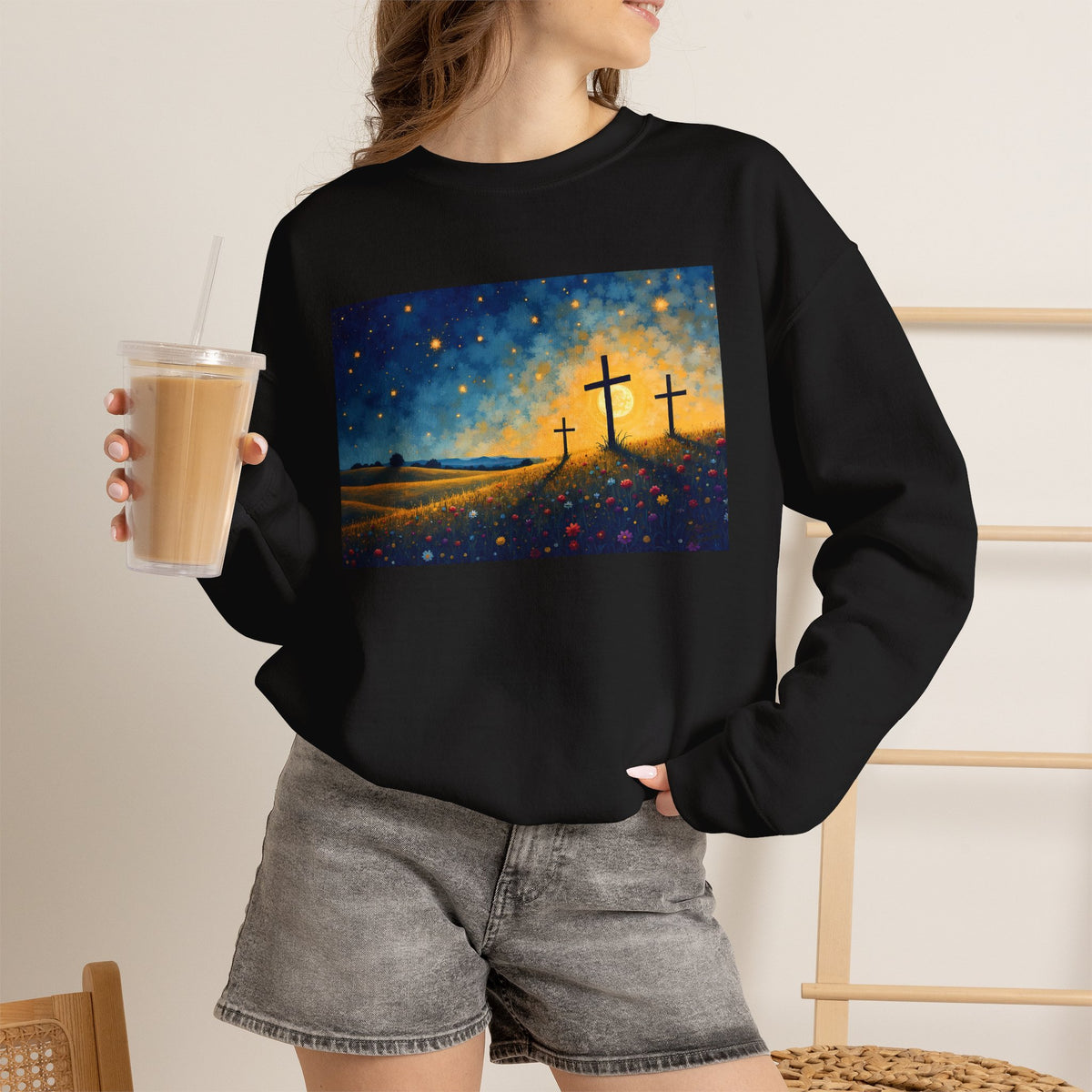 Three Crosses on Hill - Crewneck Sweatshirt | Bible Art