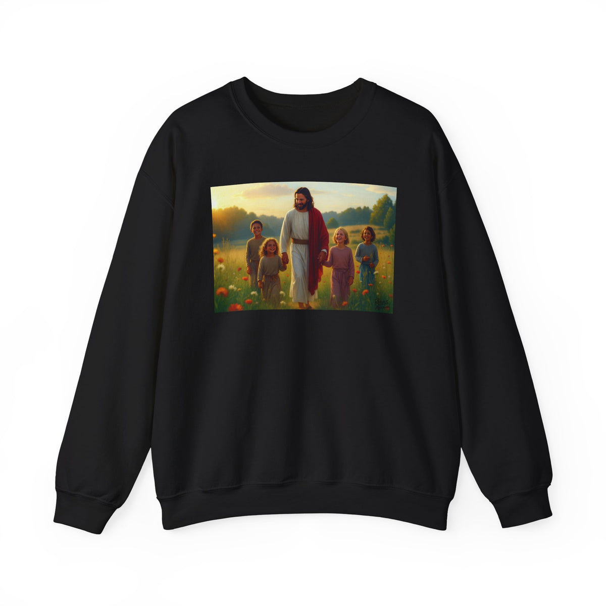 Jesus with Children in Wildflowers | Crewneck Sweatshirt | Christian Art | Faith-Inspired