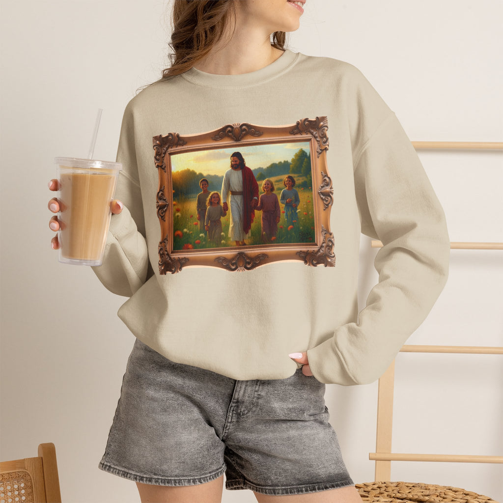 Jesus with Children in Wildflowers - Framed | Crewneck Sweatshirt | Christian Art | Faith-Inspired