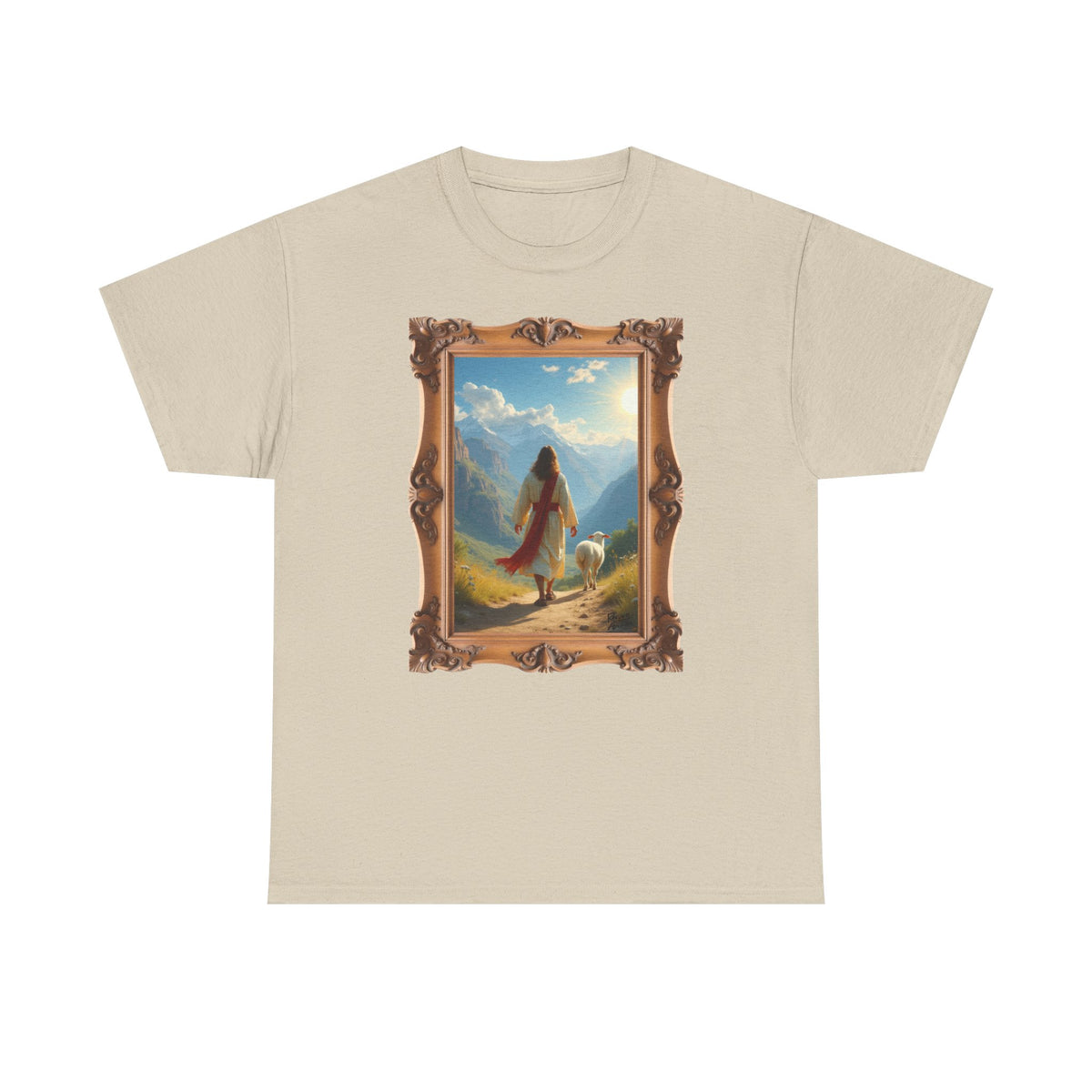 Jesus and the Lost Lamb - Framed - T-Shirt | Religious Inspirational Tee, Jesus in Bible Artwork
