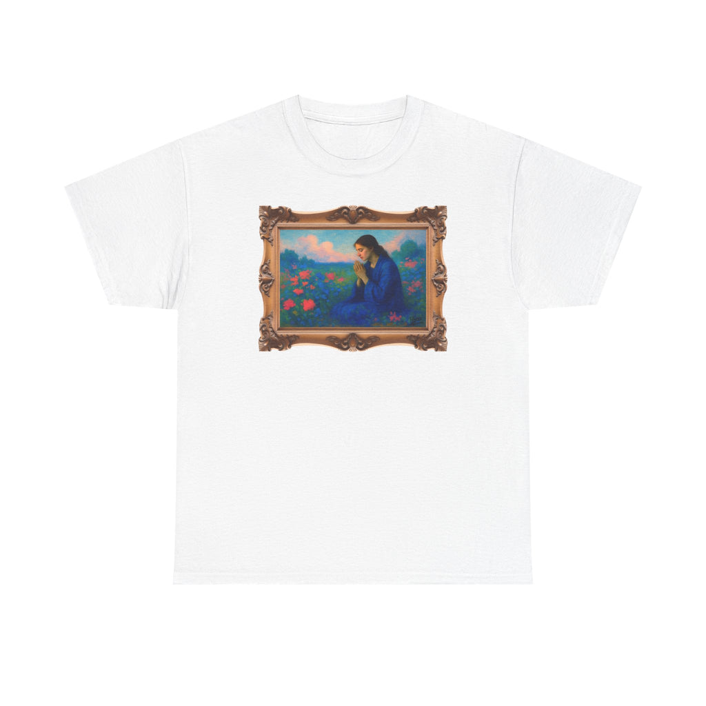Praying Woman in Wildflowers - Framed - T-Shirt | Religious Inspirational Tee, Prayer Shirt
