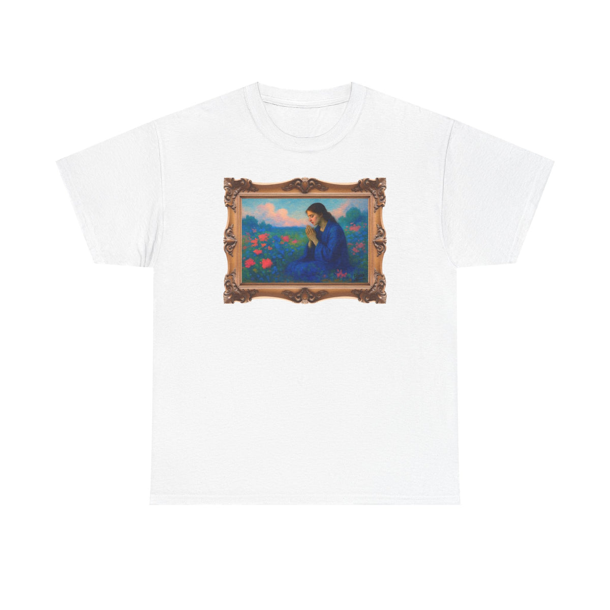 Praying Woman in Wildflowers - Framed - T-Shirt | Religious Inspirational Tee, Prayer Shirt