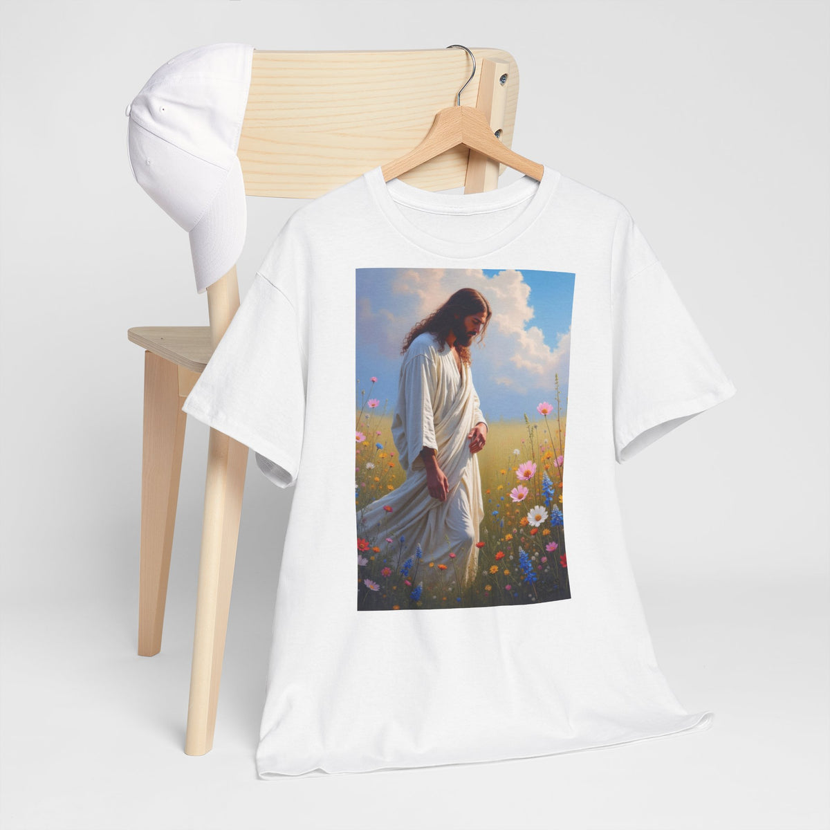 Jesus Among Wildflowers - T-Shirt | Religious Inspirational Tee | Christ Walking Prayerfully