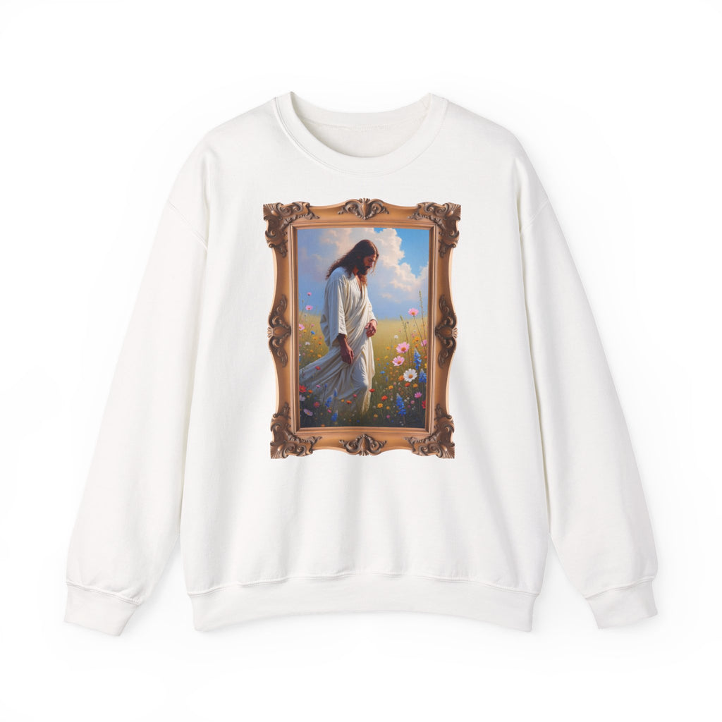Jesus Among Wildflowers - Framed - Crewneck Sweatshirt | Christ Walking Prayerfully