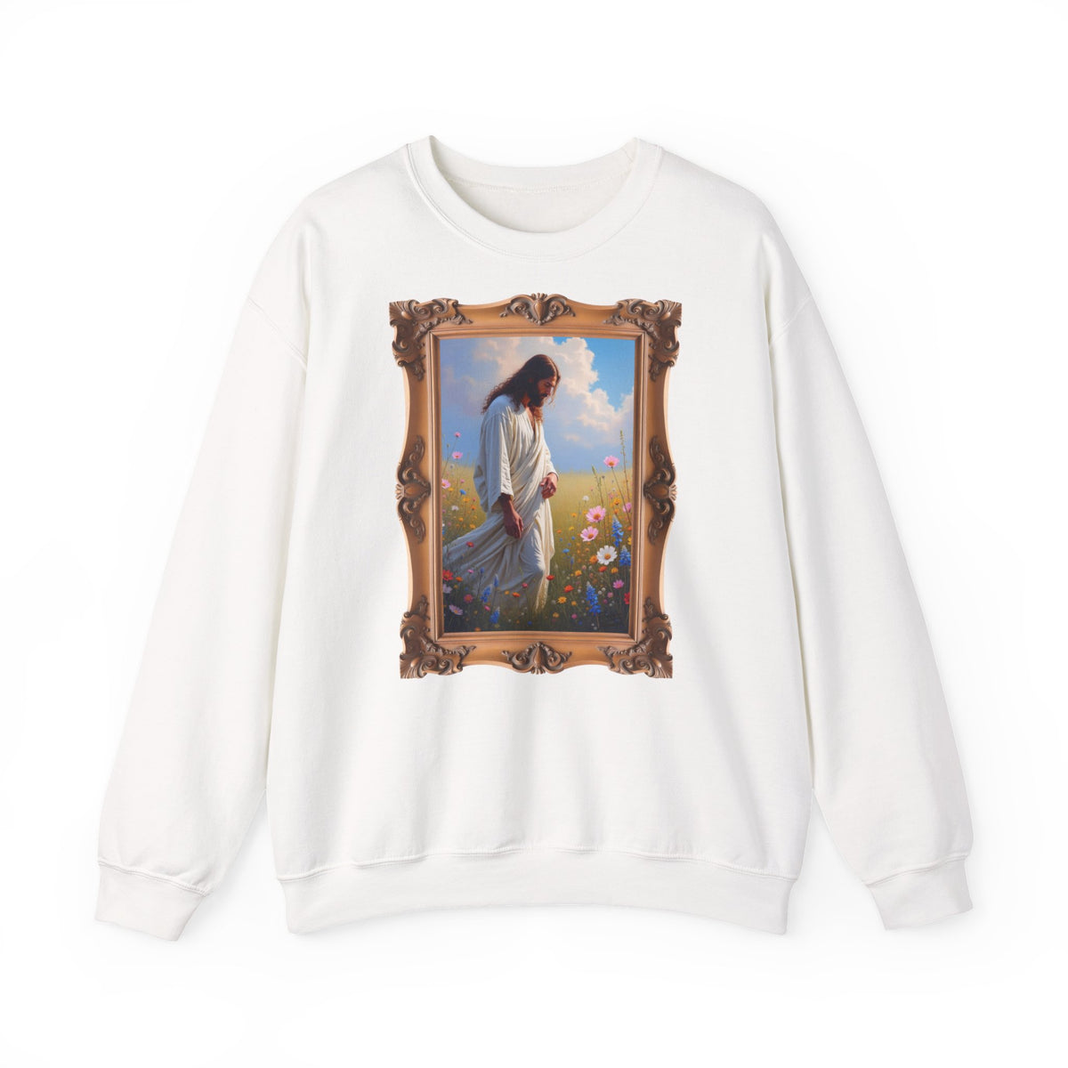 Jesus Among Wildflowers - Framed - Crewneck Sweatshirt | Christ Walking Prayerfully