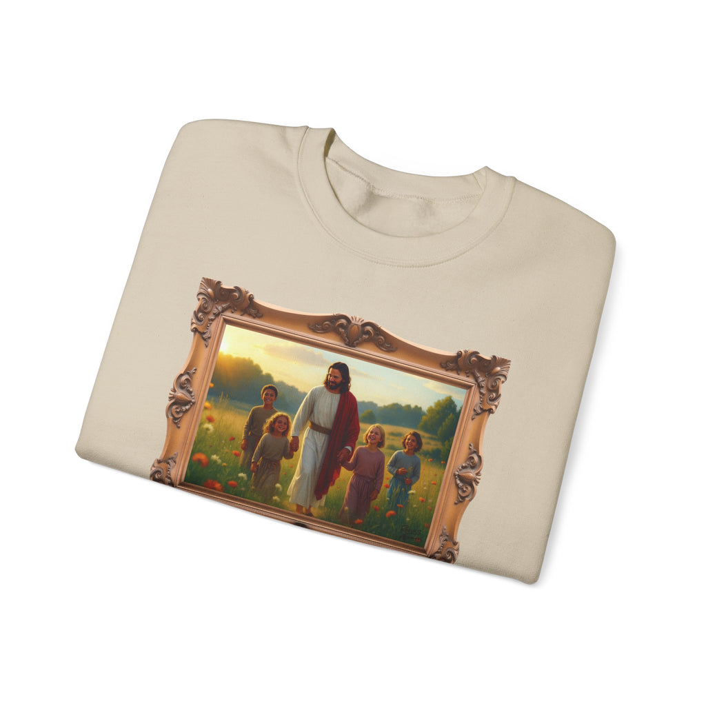 Jesus with Children in Wildflowers - Framed | Crewneck Sweatshirt | Christian Art | Faith-Inspired
