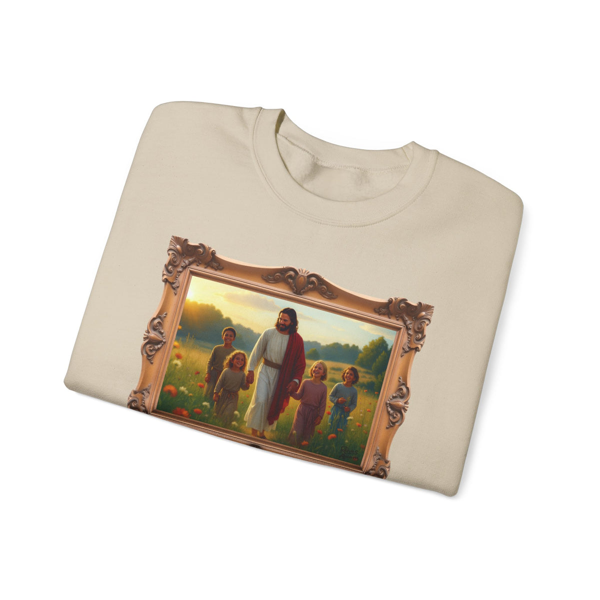 Jesus with Children in Wildflowers - Framed | Crewneck Sweatshirt | Christian Art | Faith-Inspired