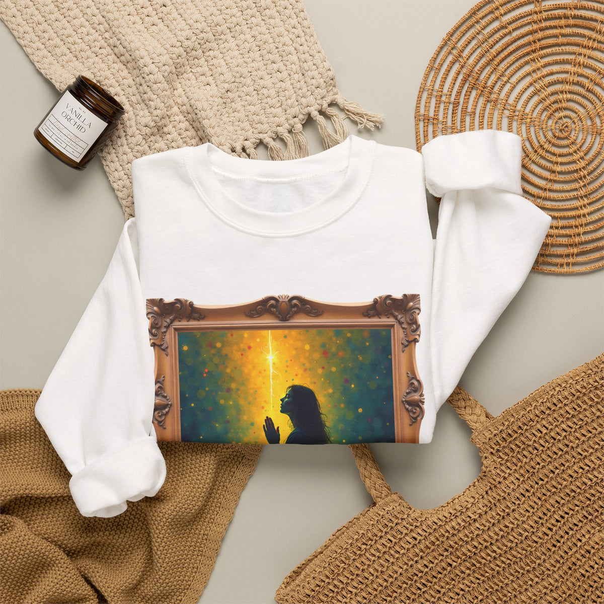 Woman in Prayer Under Magical Light - Framed - Crewneck Sweatshirt | Prayer Shirt