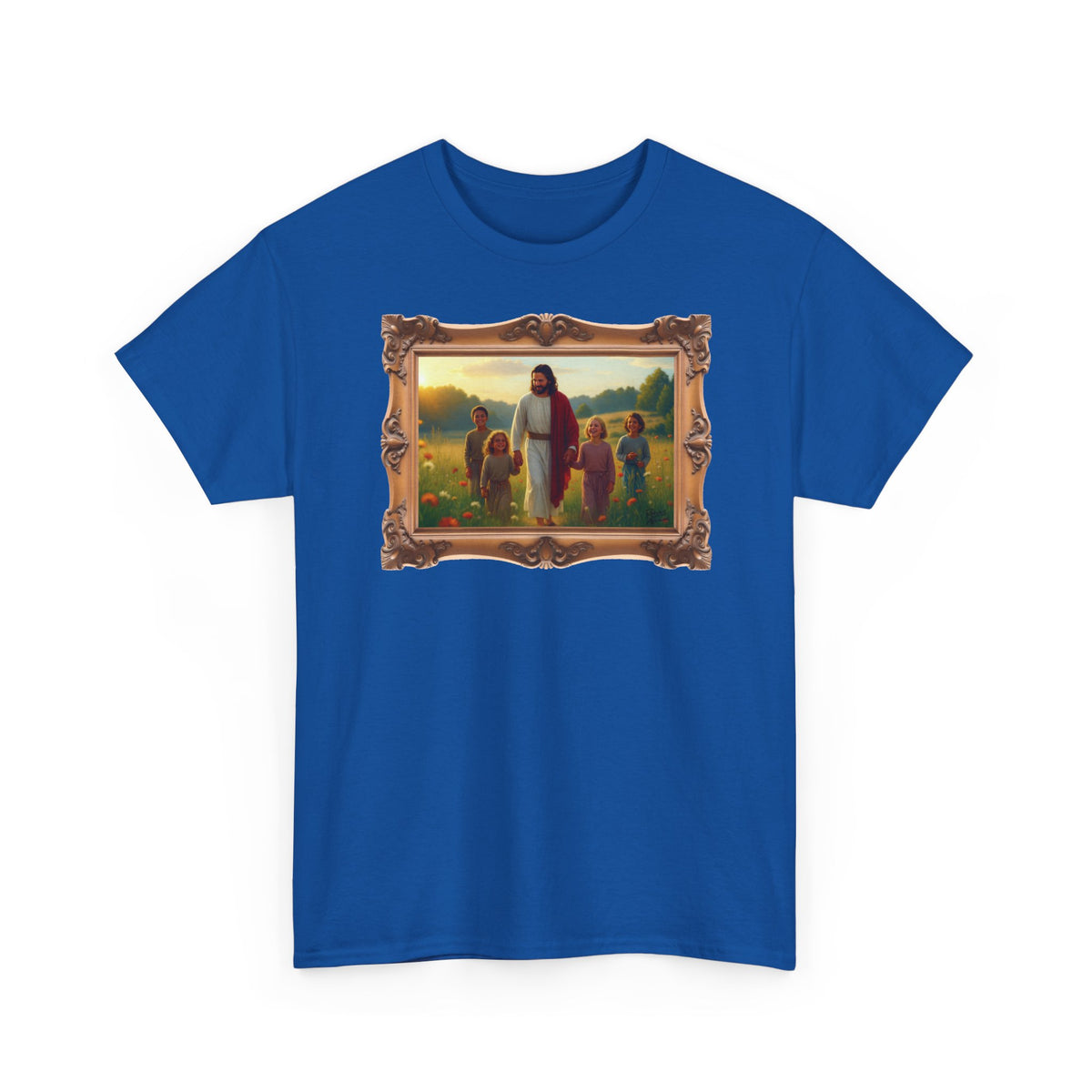 Jesus with Children in Wildflowers - Framed - T-Shirt | Religious Inspirational Tee, Prayer Artwork