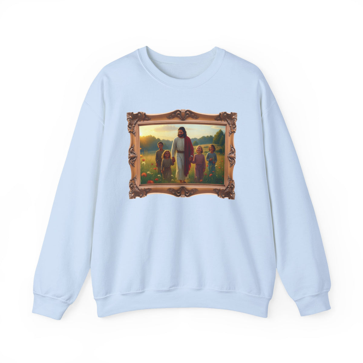Jesus with Children in Wildflowers - Framed | Crewneck Sweatshirt | Christian Art | Faith-Inspired