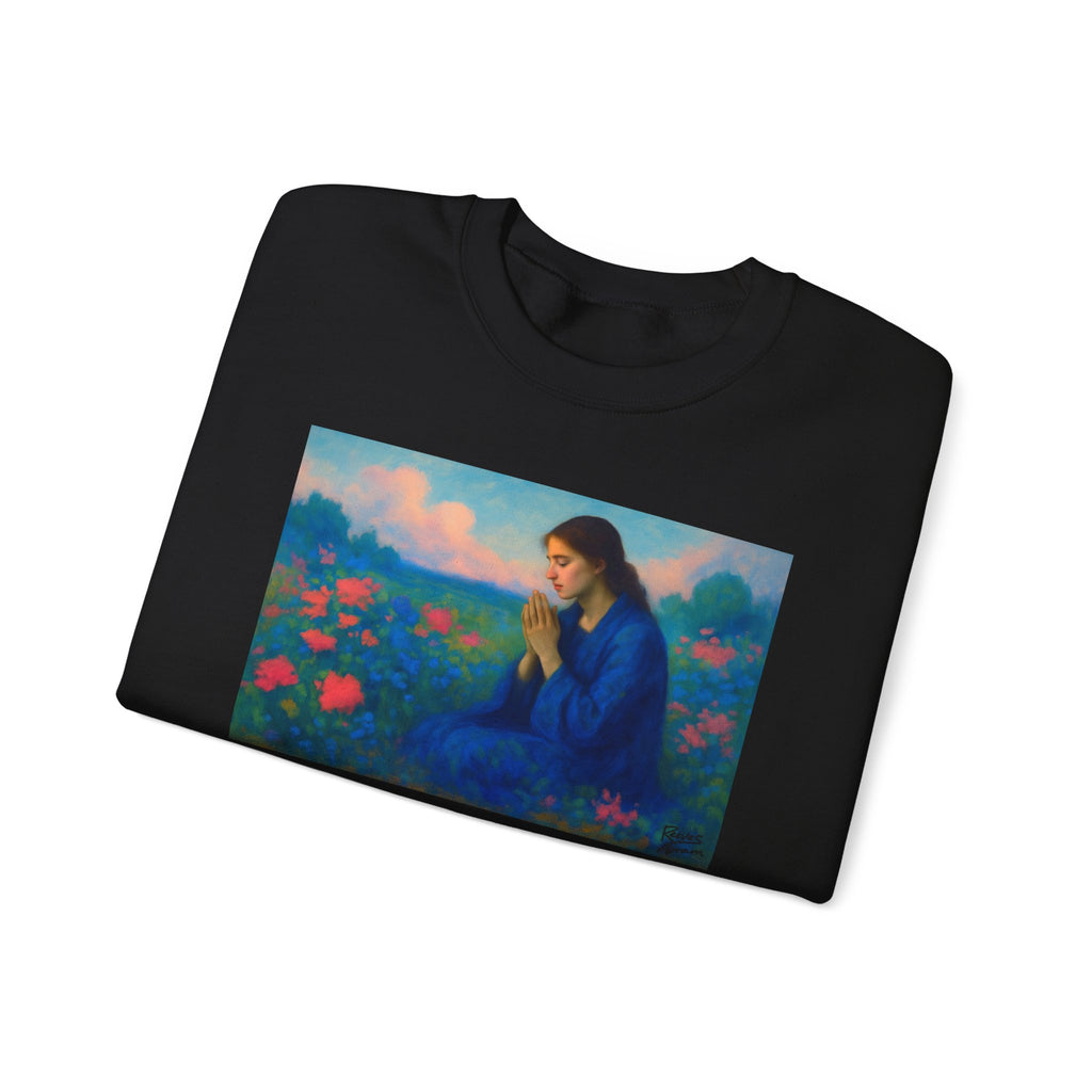 Praying Woman in Wildflowers | Crewneck Sweatshirt | Christian Art | Faith-Inspired