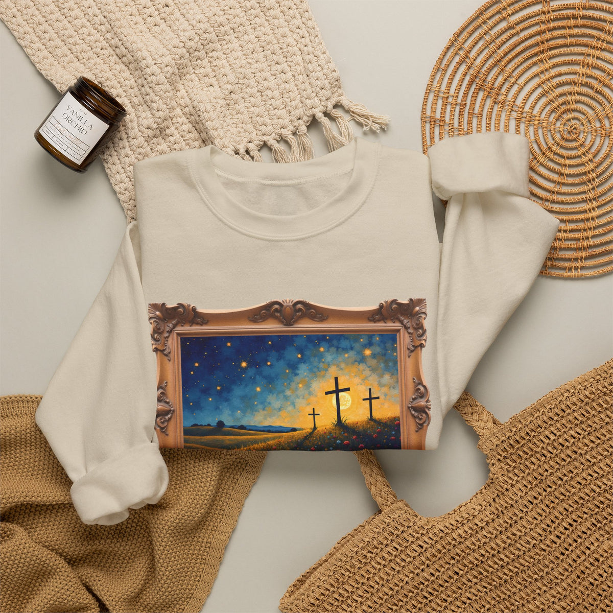 Three Crosses on Hill - Framed - Crewneck Sweatshirt | Bible Art