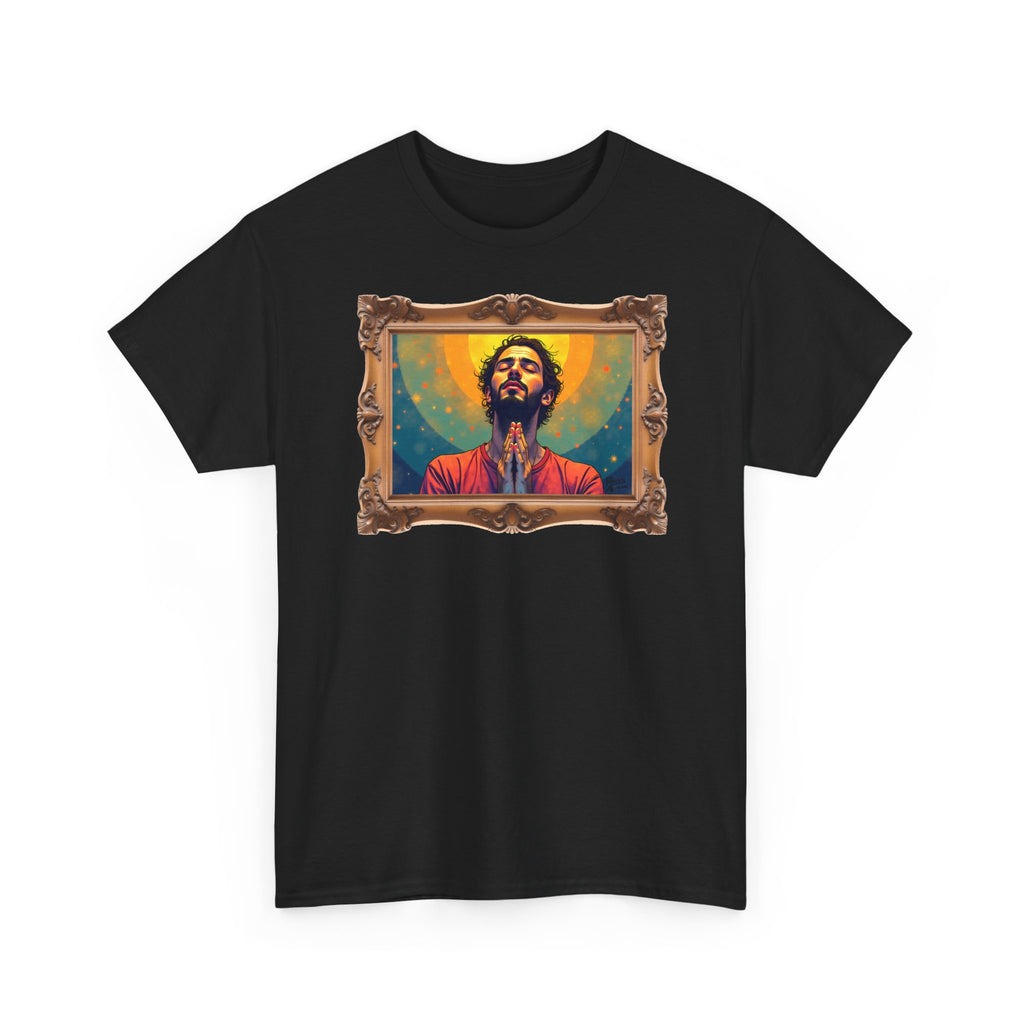 Praying Man - Serenity in Cosmic Light - Framed - T-Shirt | Religious Inspirational Tee, Prayer Artwork