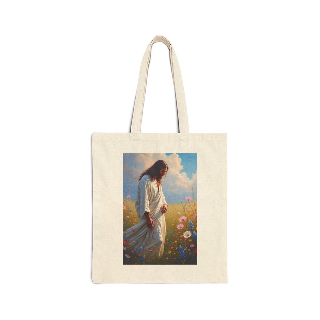 Jesus Among Wildflowers - Canvas Tote Bag - Christ Walking Prayerfully