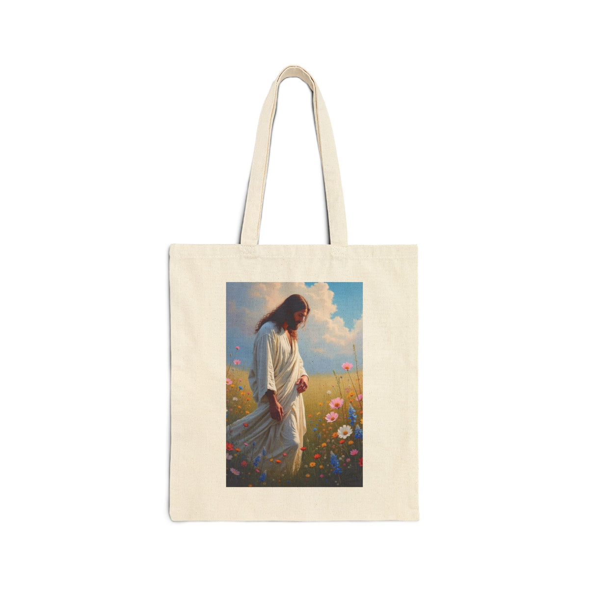 Jesus Among Wildflowers - Canvas Tote Bag - Christ Walking Prayerfully