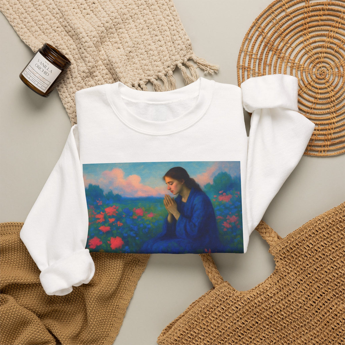 Praying Woman in Wildflowers | Crewneck Sweatshirt | Christian Art | Faith-Inspired