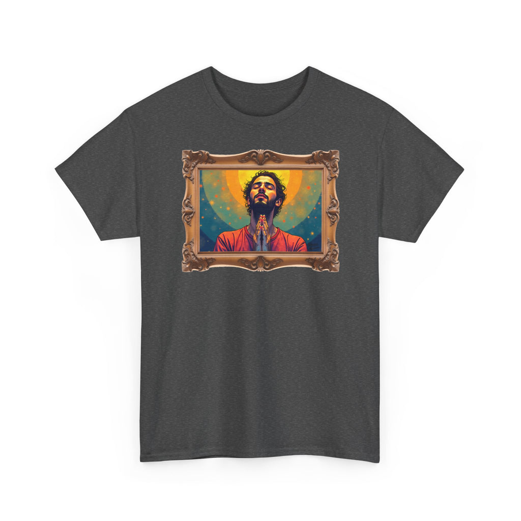 Praying Man - Serenity in Cosmic Light - Framed - T-Shirt | Religious Inspirational Tee, Prayer Artwork