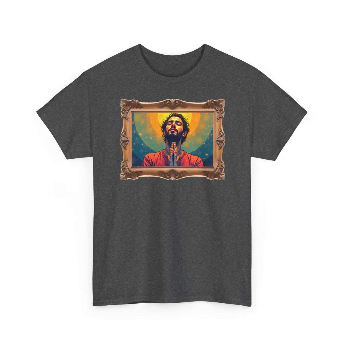 Praying Man - Serenity in Cosmic Light - Framed - T-Shirt | Religious Inspirational Tee, Prayer Artwork