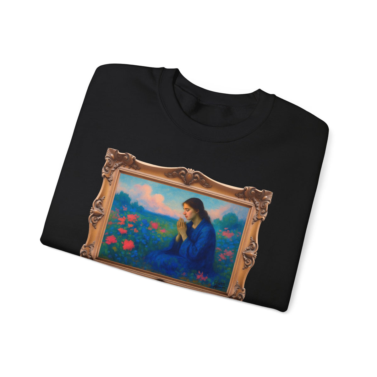 Praying Woman in Wildflowers - Framed | Crewneck Sweatshirt | Christian Art | Faith-Inspired