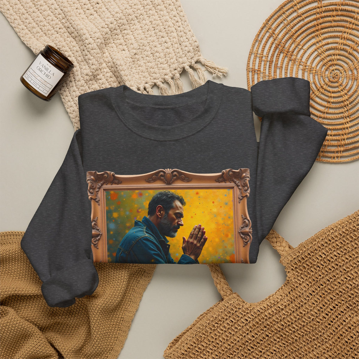 Man in Prayer - Framed | Crewneck Sweatshirt | Christian Art | Faith-Inspired