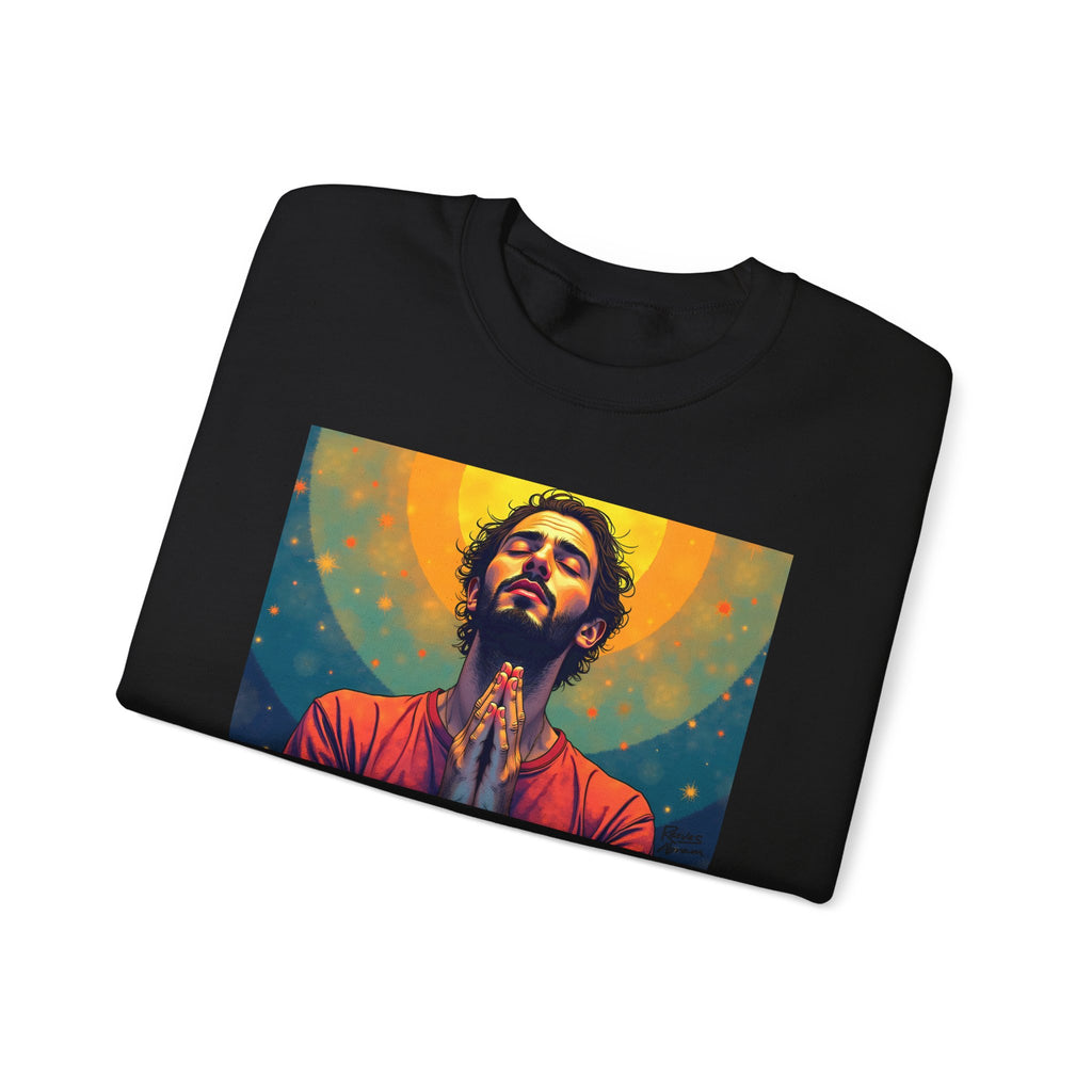 Praying Man - Serenity in Cosmic Light | Crewneck Sweatshirt | Christian Art | Faith-Inspired